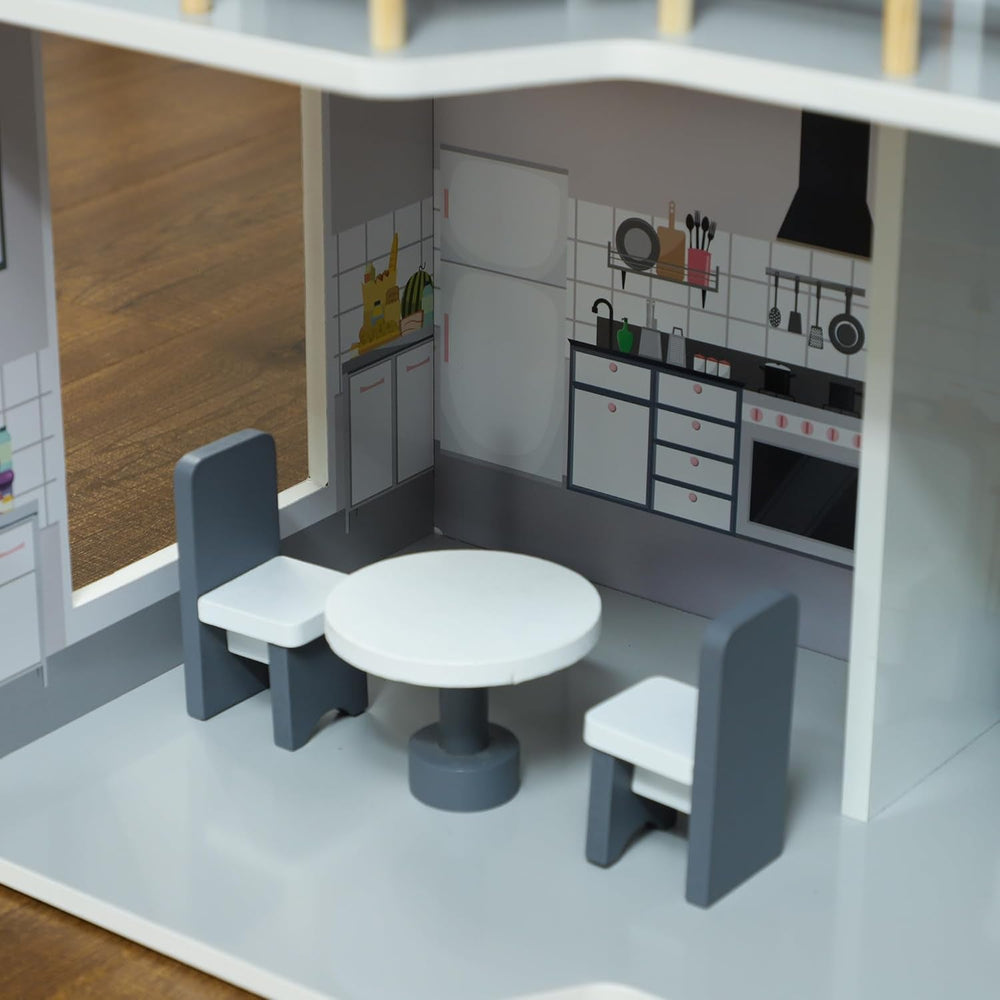 AIYAPLAY Puppenhaus aus Holz, 3-stöckiges Spielhaus mit 13 Möbelstücken, Zubehör, 85,3 cm hohes Puppenhaus für 3–6 Jahre, graue Puppenhäuser Naty Shop