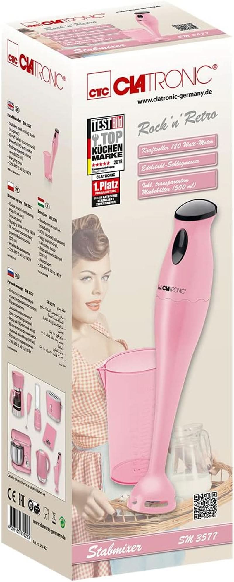 Clatronic Stabmixer/Pürierstab/Blender/Stab-Mixer/Stick/Mixstab SM 3577; Edelstahl-Schlagmesser; Für Smoothie, Kürbispüree, Babybrei, Milchshake; Mit Mixbehälter (500 ml); 180 Watt; Pink Kitchen Naty Shop