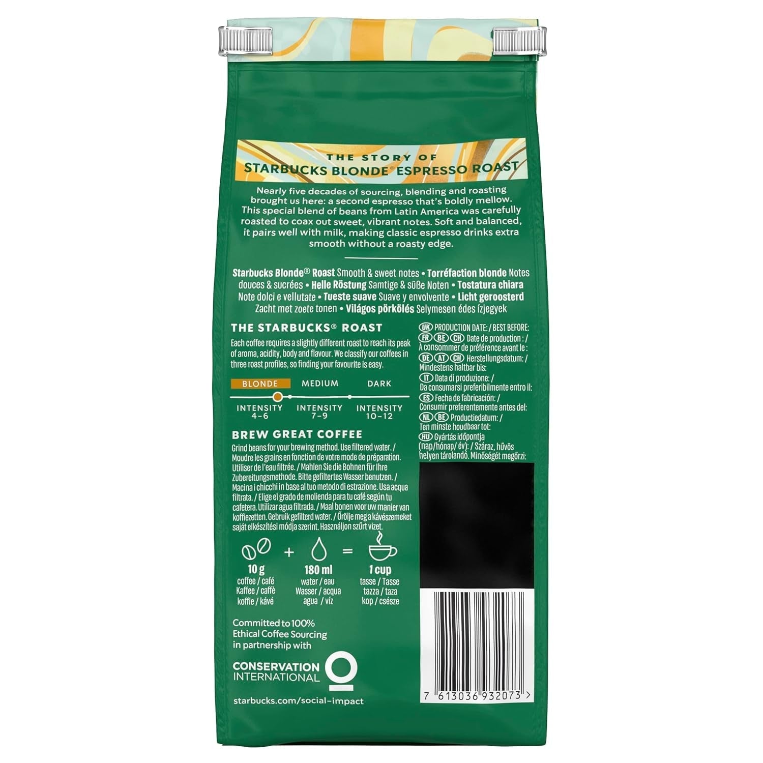 STARBUCKS Blonde Espresso Roast, Light Roast, ganze Kaffeebohnen 200 g (6er-Pack) Naty Shop Coffee