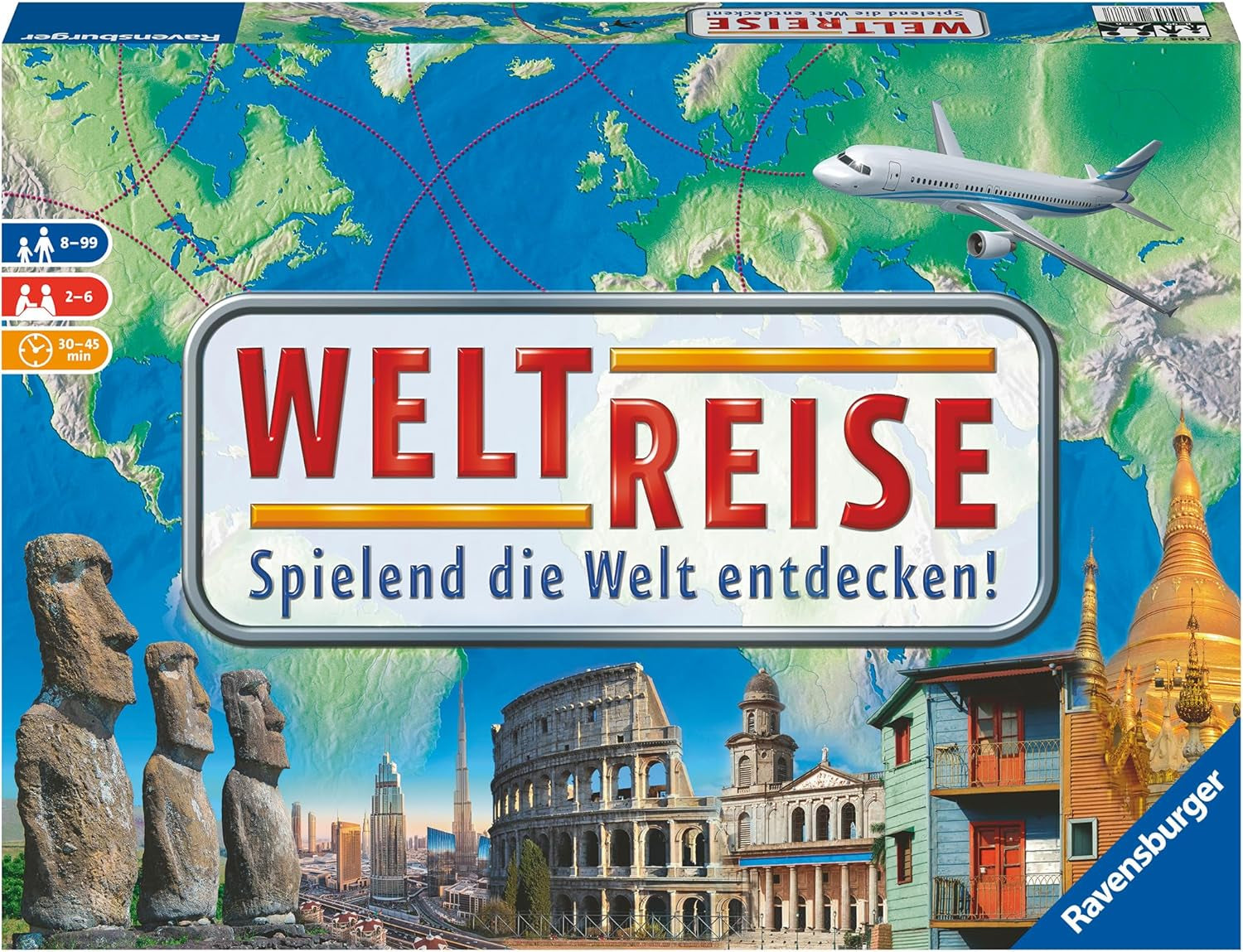 Ravensburger Familienspiel 26888 – World Tour – Klassiker für Familien ab 8 Jahren – Gesellschaftsspiel, Weltreise, Brettspiel für bis zu 6 Spieler – 170+ Städte