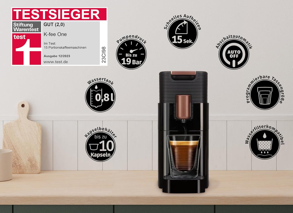 Espressor cu capsule K-FEE ONE pentru cafea, ceai și cacao | Espressor compact | Încălzire rapidă | Rezervor de apă de 0,8 l | 19 bar | Cupru negru | Câștigător al testului Stiftung Warentest 2023
