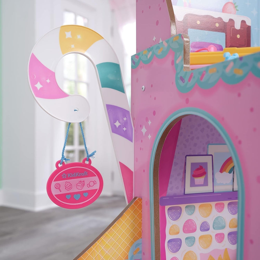 Casă de păpuși din lemn Kidkraft Candy Castle cu mobilier și accesorii, casă cu figurină Llama Unicorn, lift pentru tort de înghețată și scaun de cauciuc pentru păpuși, jucărie pentru copii de la 3 ani, 20242 Casute de papusi Naty Shop