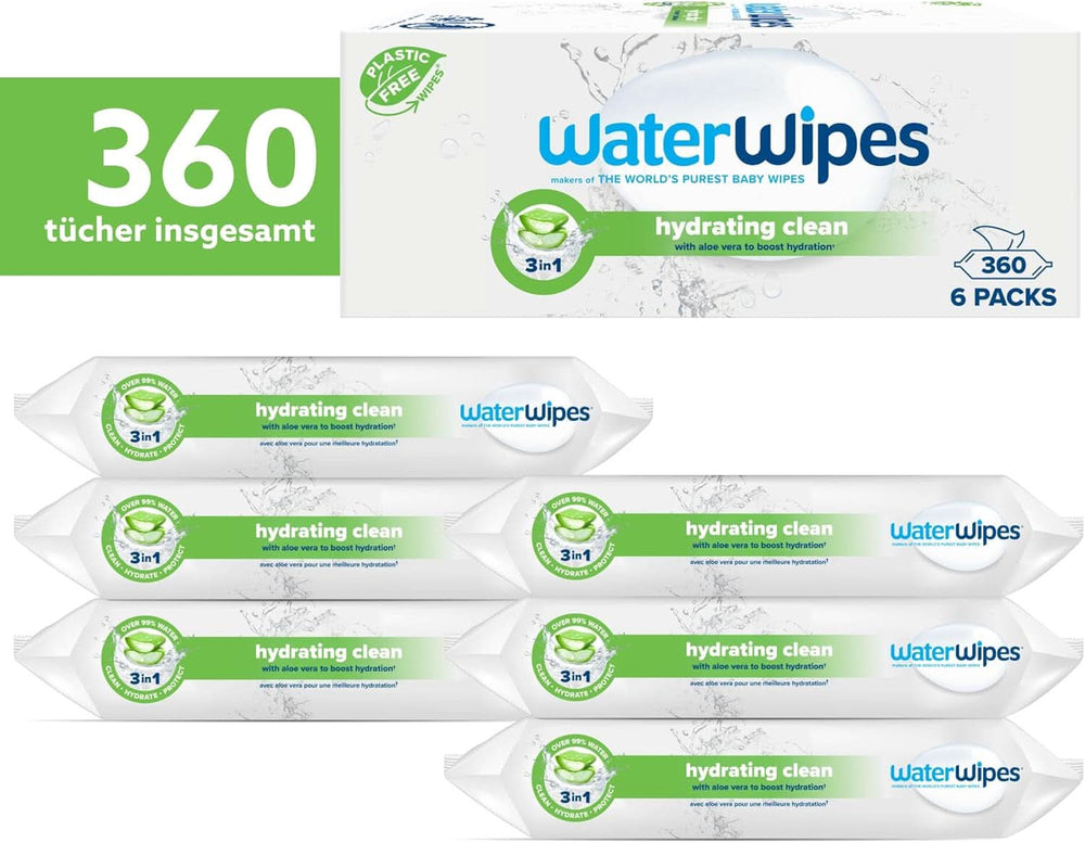 Waterwipes Feuchtigkeitsspendende und reinigende Babytücher mit 99 % Wasser und Aloe Vera-Extrakt, Feuchttücher für Gesicht und Körper, Naty Shop