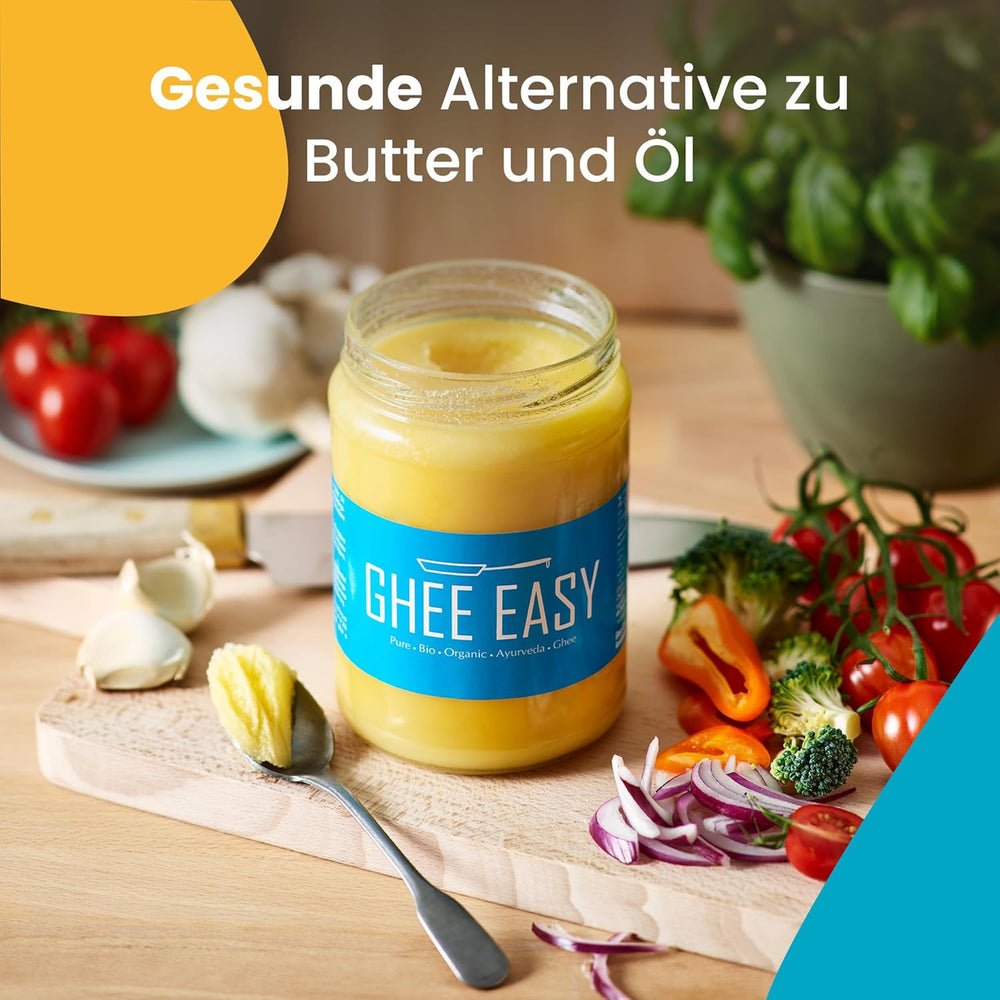 Ghee Easy 850g Ghee Bio von Grasgefütterten Kühen - Ghee Butter ohne Zusatzstoffe - Zertifiziert Organisch & Biologisch - Hochreines Ayurveda Ghee ohne Laktose und Gluten - 100% europäisch