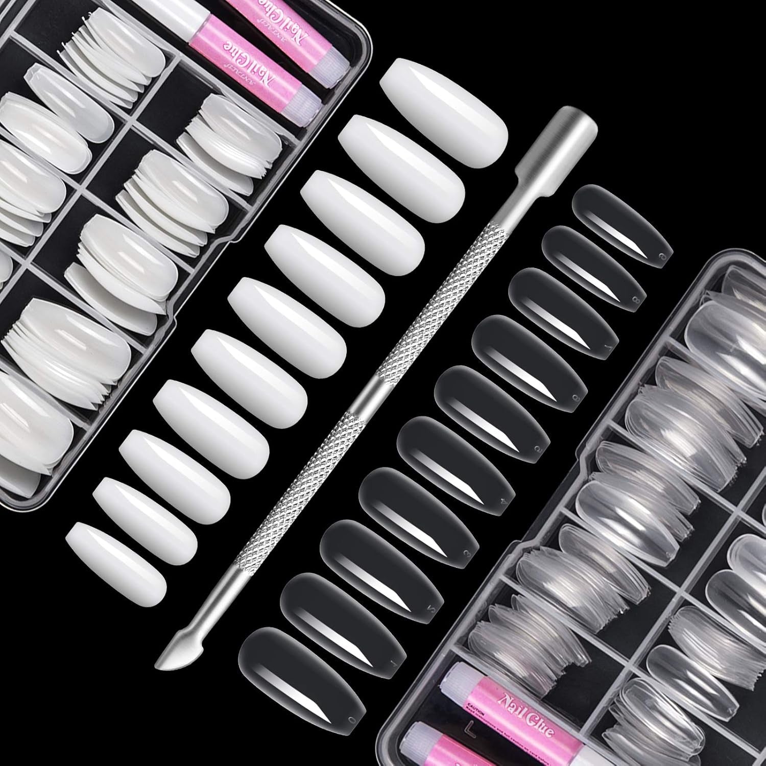 200 bucăți vârfuri de unghii false, 10 mărimi unghii artificiale acrilice cu împingător de cuticule și cutie transparentă pentru femei și fete (naturale și transparente)