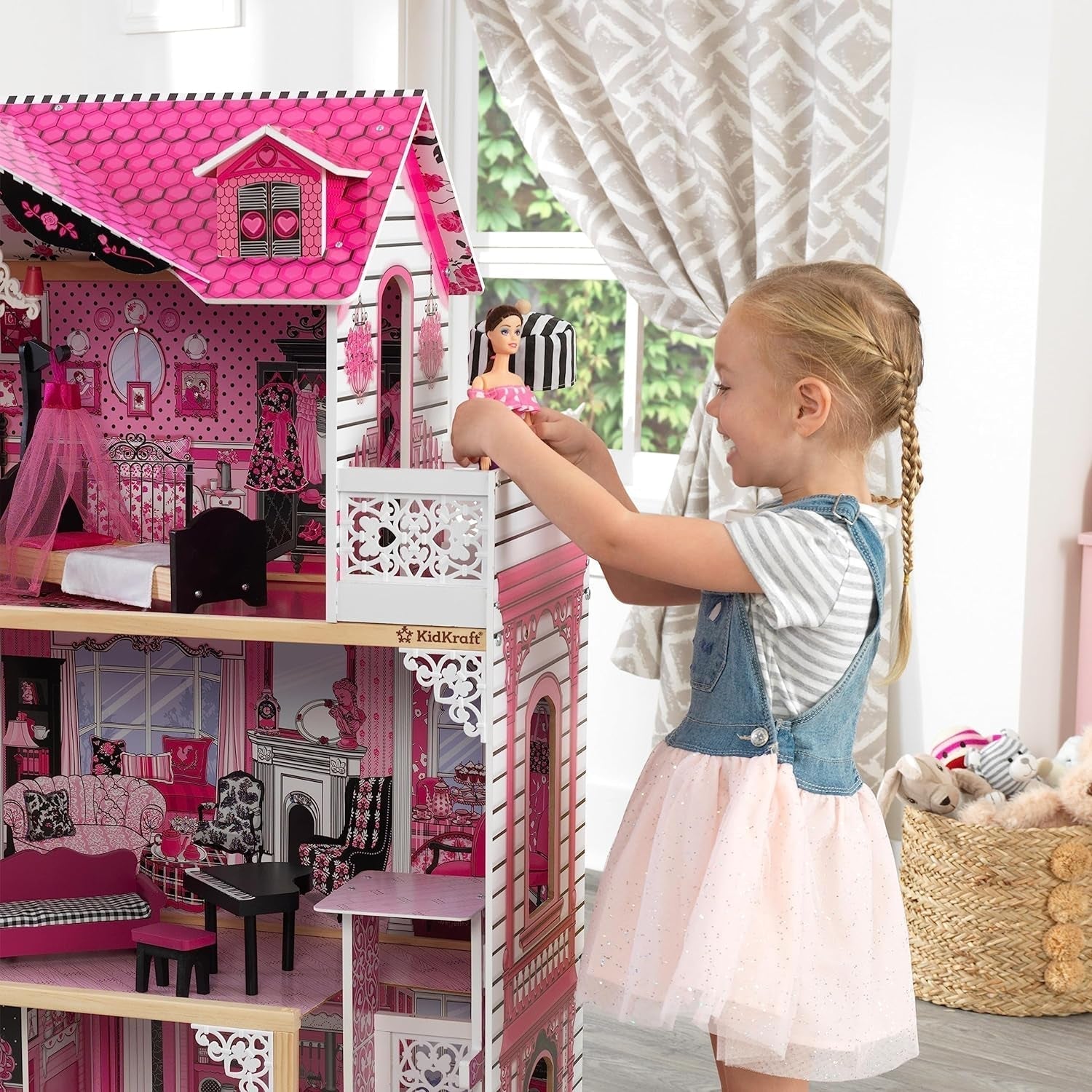 Kidkraft Amelia Puppenhaus aus Holz mit Möbeln und Zubehör, Spielset mit Balkon und Aufzug für 30-cm-Puppen, Spielzeug für 3-Jährige, 65093 Naty Shop Puppenhäuser