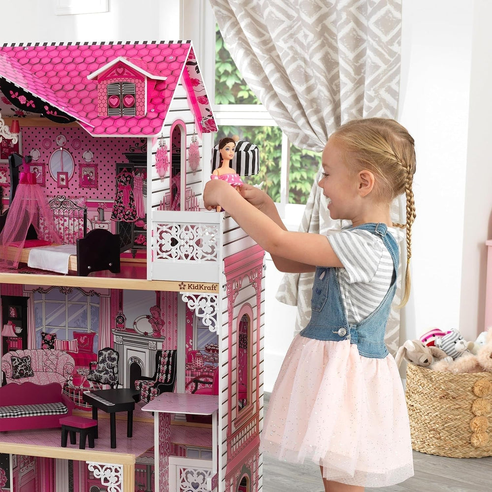 Kidkraft Amelia Puppenhaus aus Holz mit Möbeln und Zubehör, Spielset mit Balkon und Aufzug für 30-cm-Puppen, Spielzeug für 3-Jährige, 65093 Naty Shop Puppenhäuser