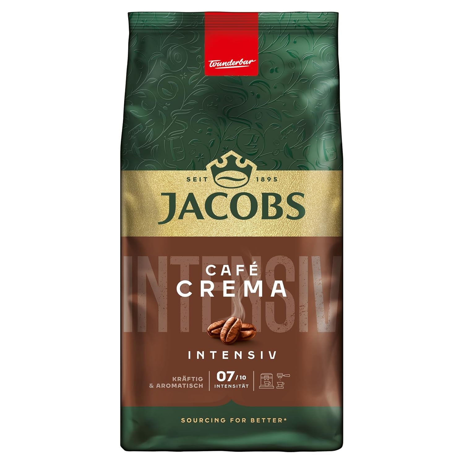 Jacobs Café Crema Gold Kaffeebohnen 1Kg – Vollmundig, Aromatisch, Fruchtige Note, Arabica & Robusta Bohnen, Intensität 5/10, Ideal Für Café Crema Naty Shop Café Crema Intensiv 1 Kg