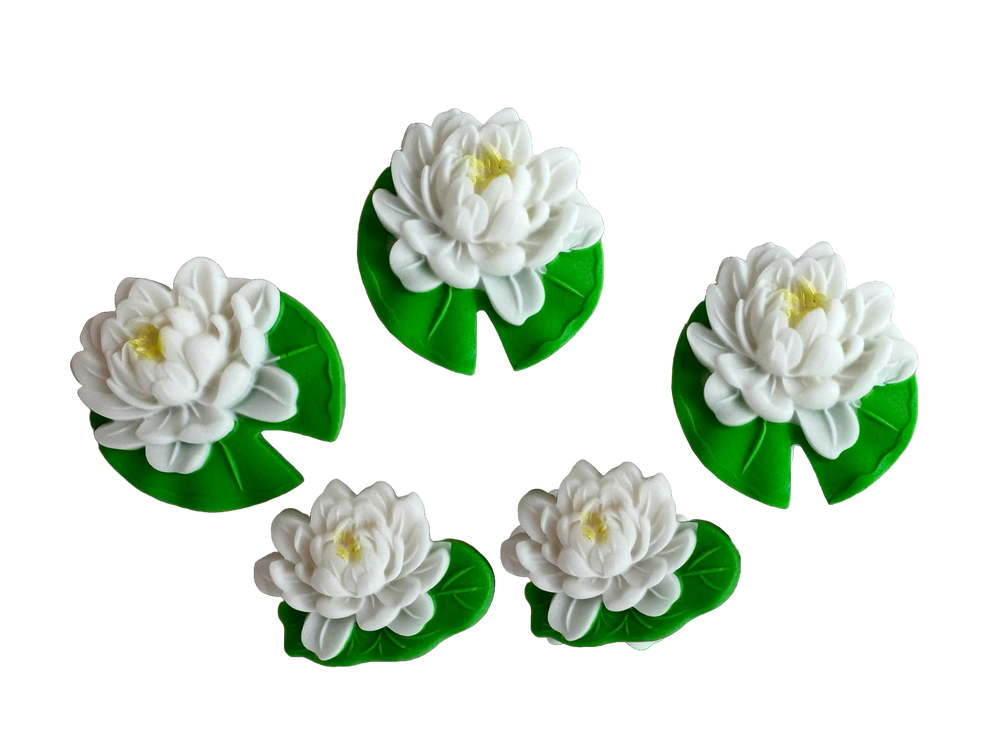 Set 5 decoratiuni comestibile din pasta de zahar, Nuferi albi Decoratiuni din Pasta de Zahar Naty Shop