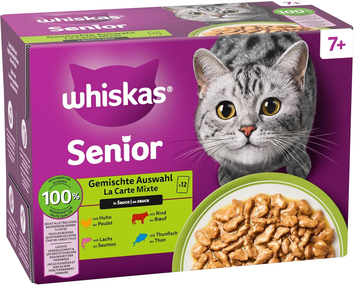 Hrană umedă Whiskas Senior 7+ Selecție mixtă în sos, 48 pliculețe, 12x85g (pachet de 4) – Hrană umedă de înaltă calitate pentru pisici de 7 ani și peste