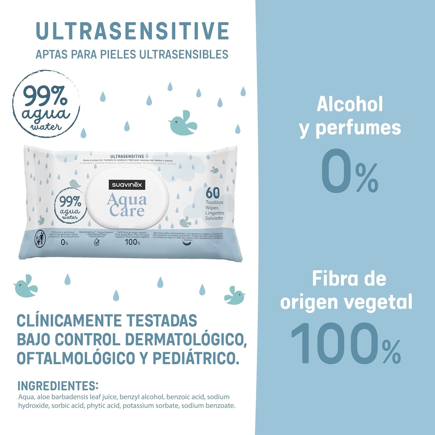 Șervețele umede Suavinex Aqua Care pentru bebeluși, 60 de unități, șervețele demachiante 99% apă, fibre de origine vegetală, cu aloe vera, fără parfum și alcool, testate dermatologic, potrivite pentru pielea sensibilă