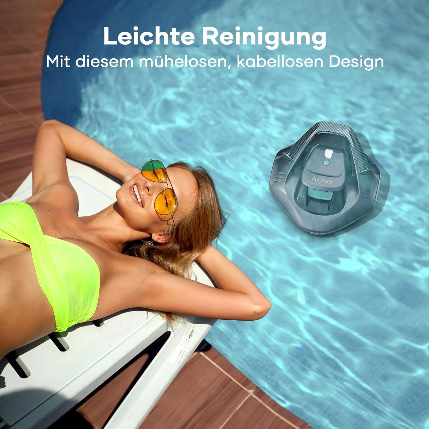 Robot de piscină AIPER, curățitor de piscină fără fir cu baterie, autonomie de 90 de minute, parcare automată, motoare cu acționare dublă și indicatoare LED, ideal pentru piscine cu fund plat de până la 80 m²