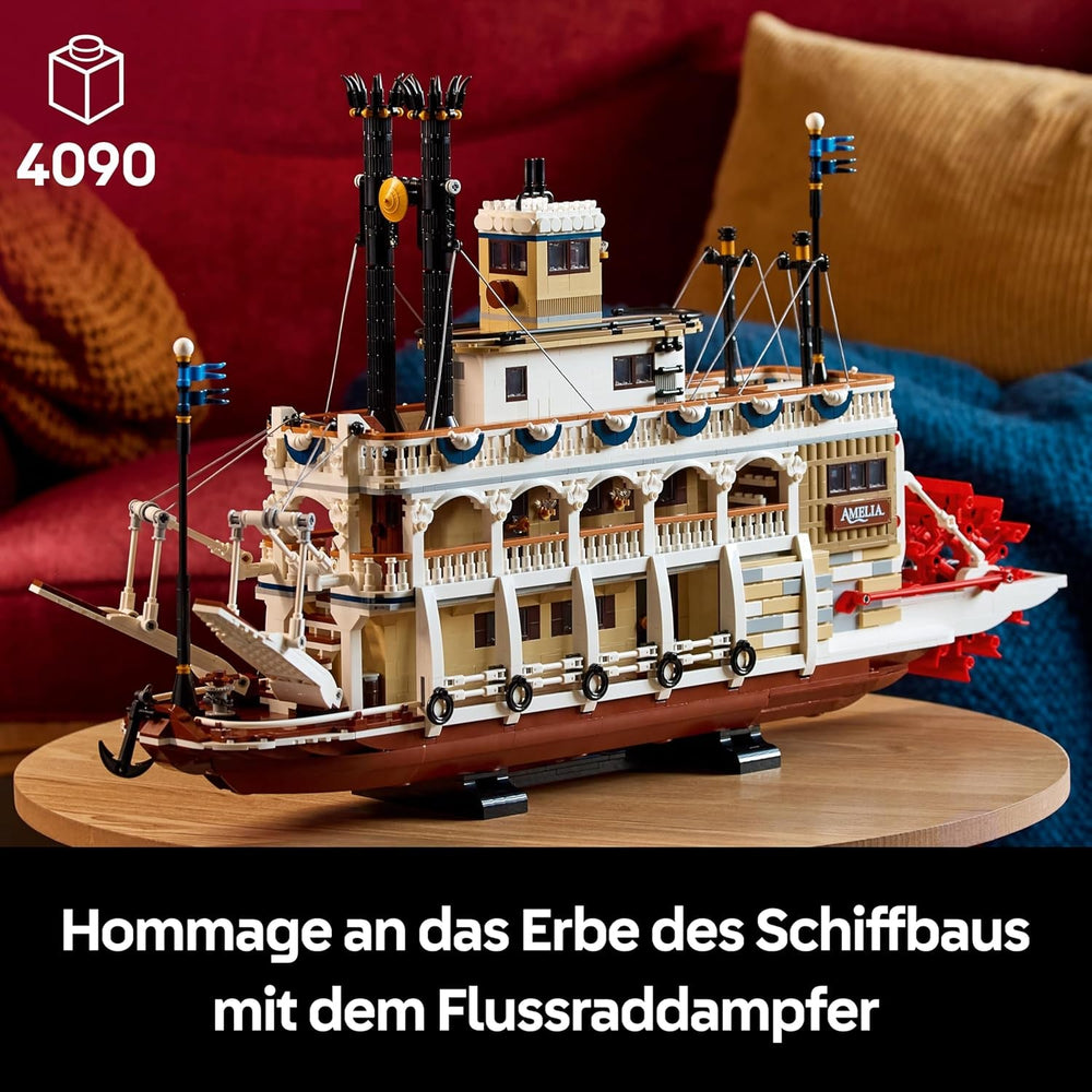 LEGO Ideas Flussraddampfer - Bauset für Erwachsene - Bootsmodell mit Innenraum & interaktiven Funktionen, inkl. funktionierendem Schaufelrad und Steuerung - DIY Geschenk für Männer und Frauen - 21356