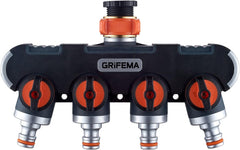 Distribuitor GRIFEMA cu 4 căi, racord de apă de 3/4 inch și 1/2 inch, 4 dispozitive pot fi conectate simultan, debit de apă reglabil, portocaliu/negru