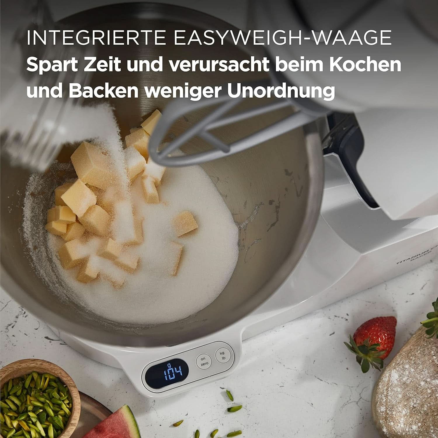 Kenwood Titanium Chef Baker KVC65.001WH, Küchenmaschine Mit Integrierter Waage, 1200 Watt, Inkl. 3-teiliges Patisserie-Set, Spatel & Spritzschutz, Weiß Mutter und Kind Naty Shop
