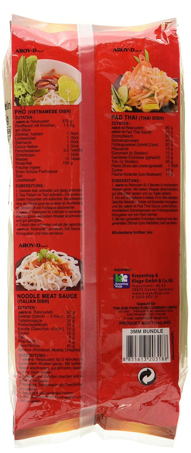 Aroy-D Reisnudeln, glutenfrei, 3-mm-Packungen (1 Packung x 375 g)