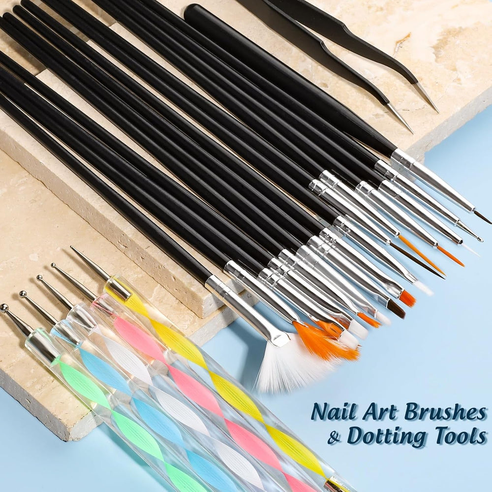 FANDAMEI Pinsel Für Gelnägel, 15 Pcs Nagel Pinsel, 5 Blätter Nagelsticker, Strasssteine Nägel, Nageldesign Set, Nageldesign Zubehör, Nail Art Pinsel Set, Nailart Pinsel Und Dekorationen Set