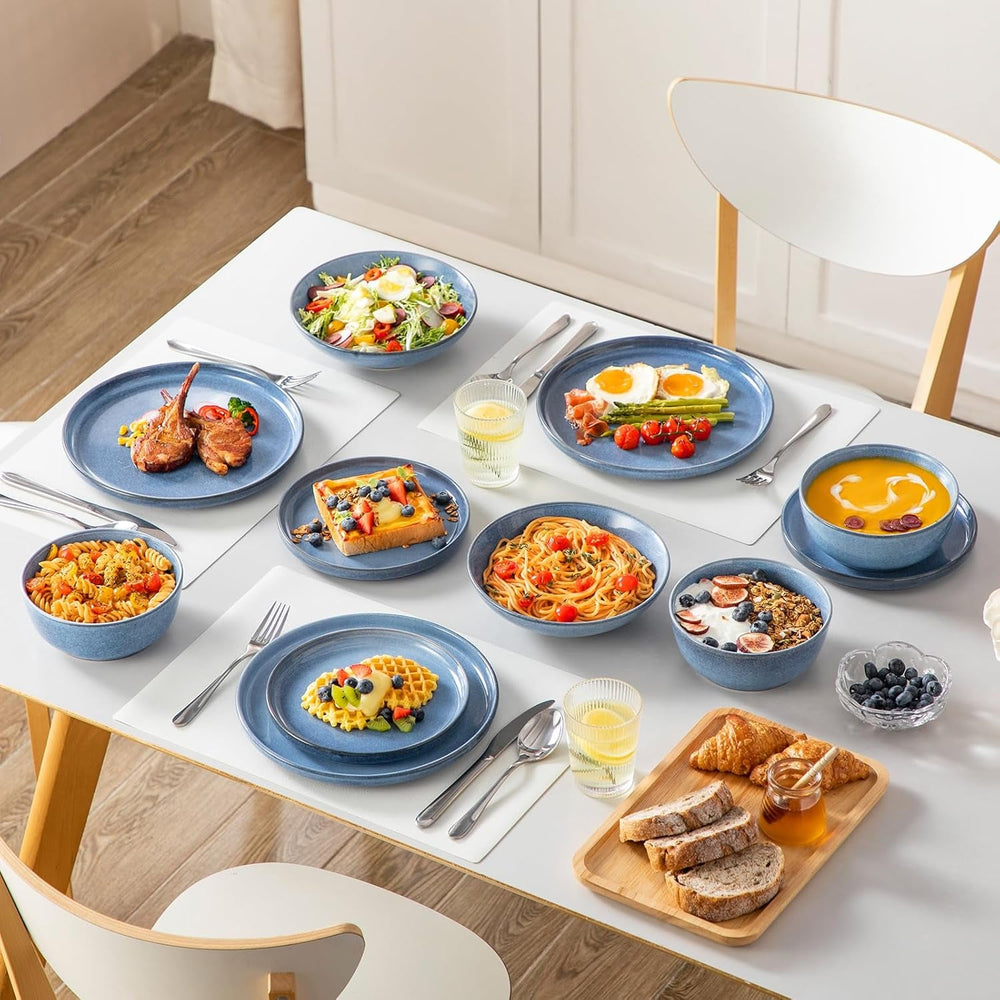 Steingut Geschirrset 6 Personen, vancasso ANYA Blau Teller Set Modern 24 teilig,Tafelservice mit Speiseteller, Suppenteller, Desserttellern, Schüsseln, Geschirr Set Spülmaschinen und Mikrowellenfest
