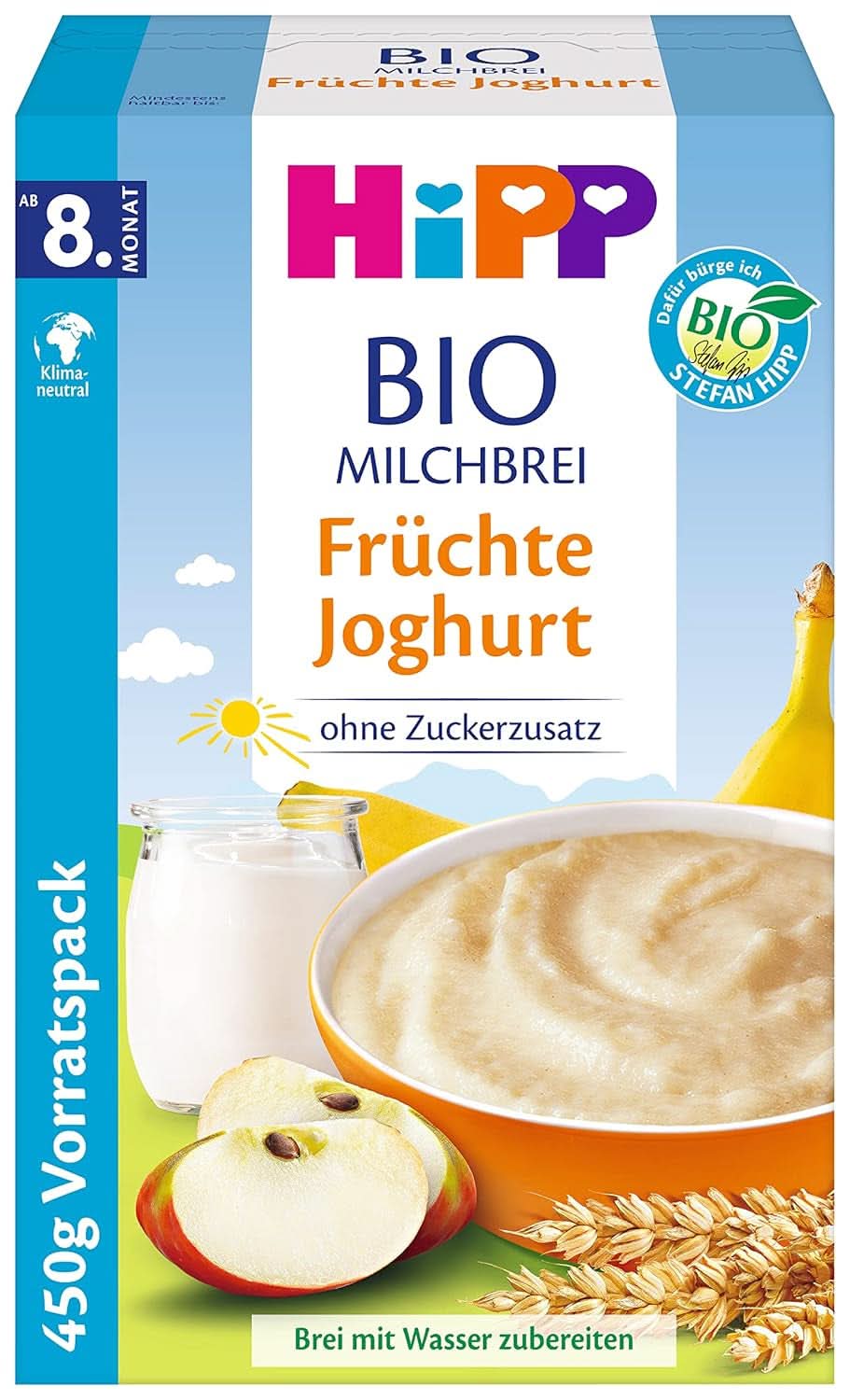 Hipp Bio-Milchbrei ohne Zuckerzusatz, Grieß und Banane, Vorratspackung (4X450 Gramm) Mutter und Kind Naty Shop 4 x 450 Gramm Joghurt und Obst