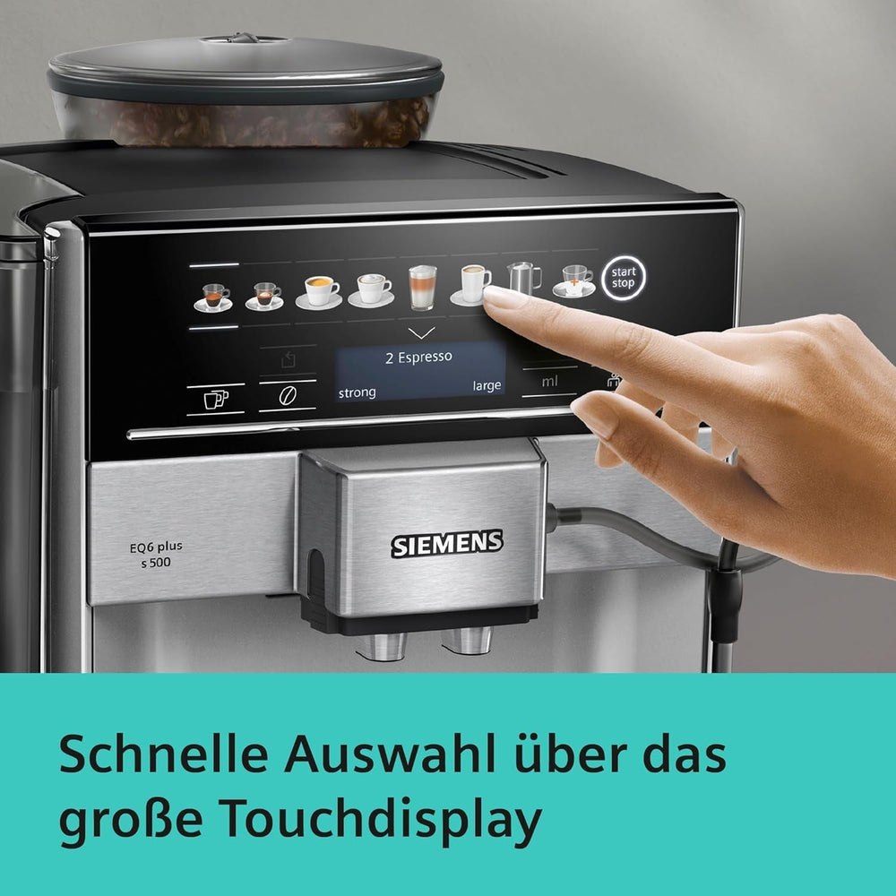 Espressor automat Siemens EQ.6 plus s300 TE653501DE, pentru multe specialități de cafea, spumator de lapte, râșniță ceramică, funcție dublă de cafea, anticalcar, curățare automată cu abur, 1500 W, argintiu