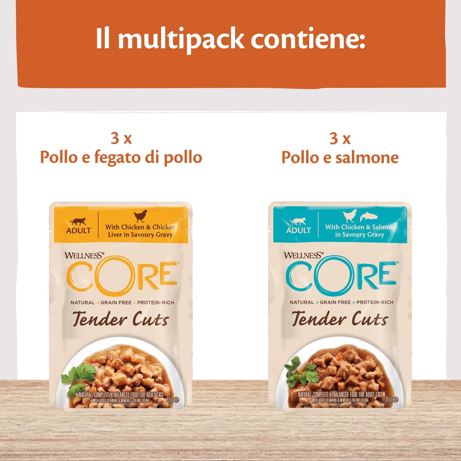 Wellness CORE Tender Cuts 6 x 85g, Mix Selecție de Pui – Hrană umedă pentru pisici, bucăți fragede în sos, fără cereale, naturală, hipoalergenică, bogată în proteine, conținut ridicat de carne