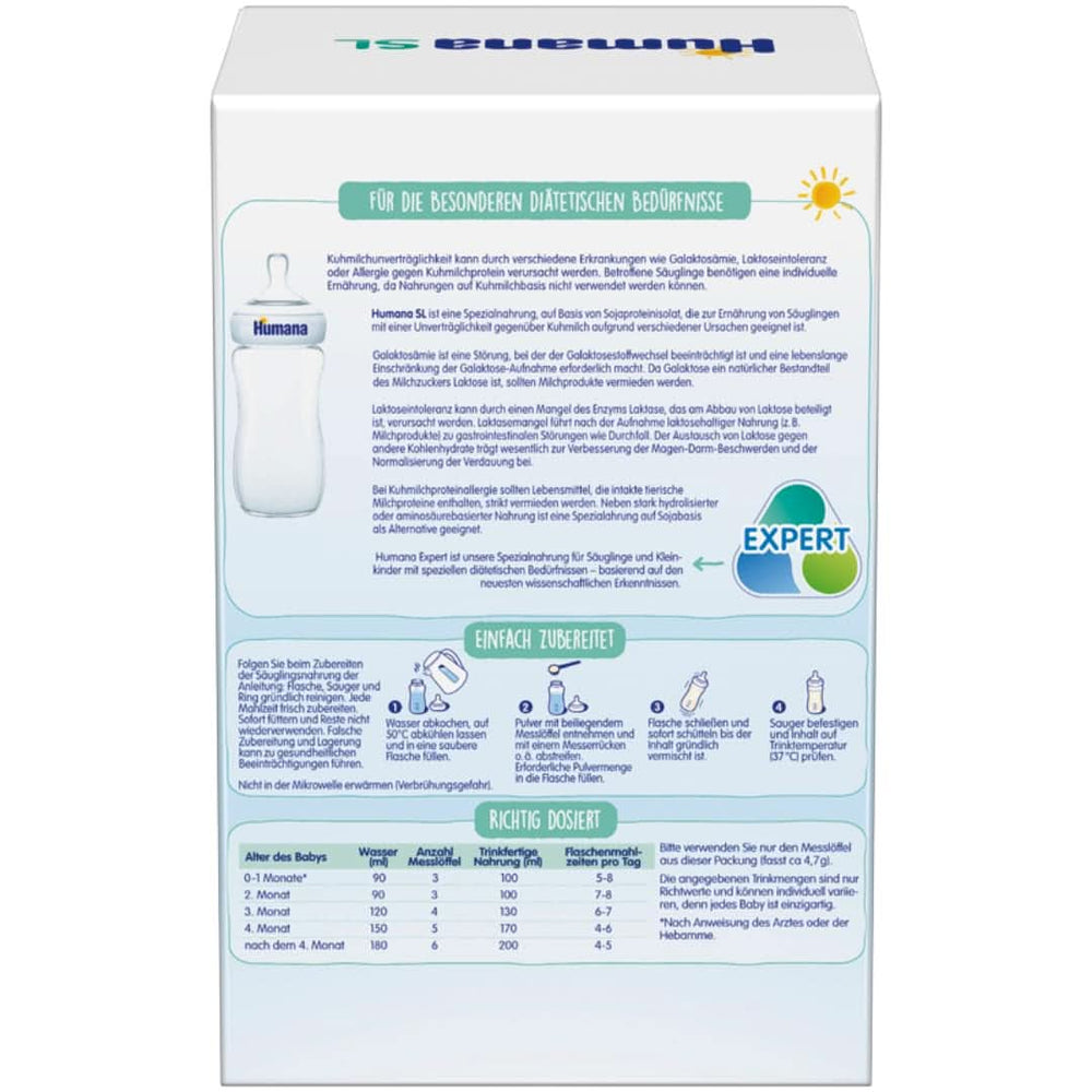 Humana SL Expert, ab der Geburt, Spezialnahrung bei Kuhmilchunverträglichkeit aufgrund von Laktoseintoleranz, Galaktosämie oder Kuhmilcheiweißallergie, für Säuglinge und Kleinkinder, 600 g Mutter und Kind Naty Shop