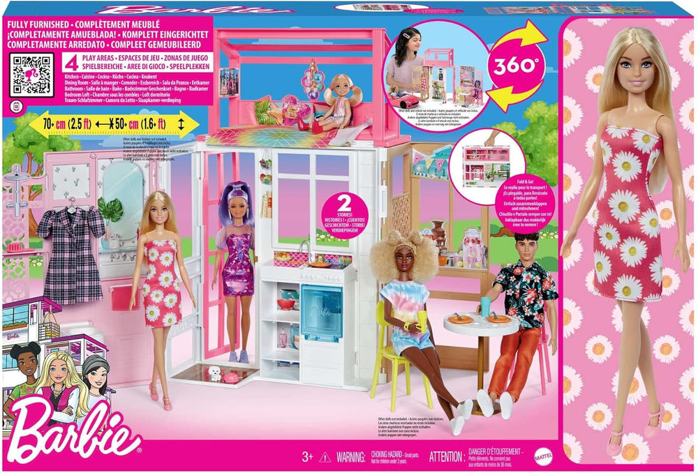 Barbie-Puppenhaus (70,6 x 51,4 cm) mit 4 Spielbereichen, Zubehör und Möbeln, komplett möbliert, 360° drehbar, faltbar, Puppe, Geschenk für 3-jährige Kinder, HHY40 Puppenhäuser Naty Shop