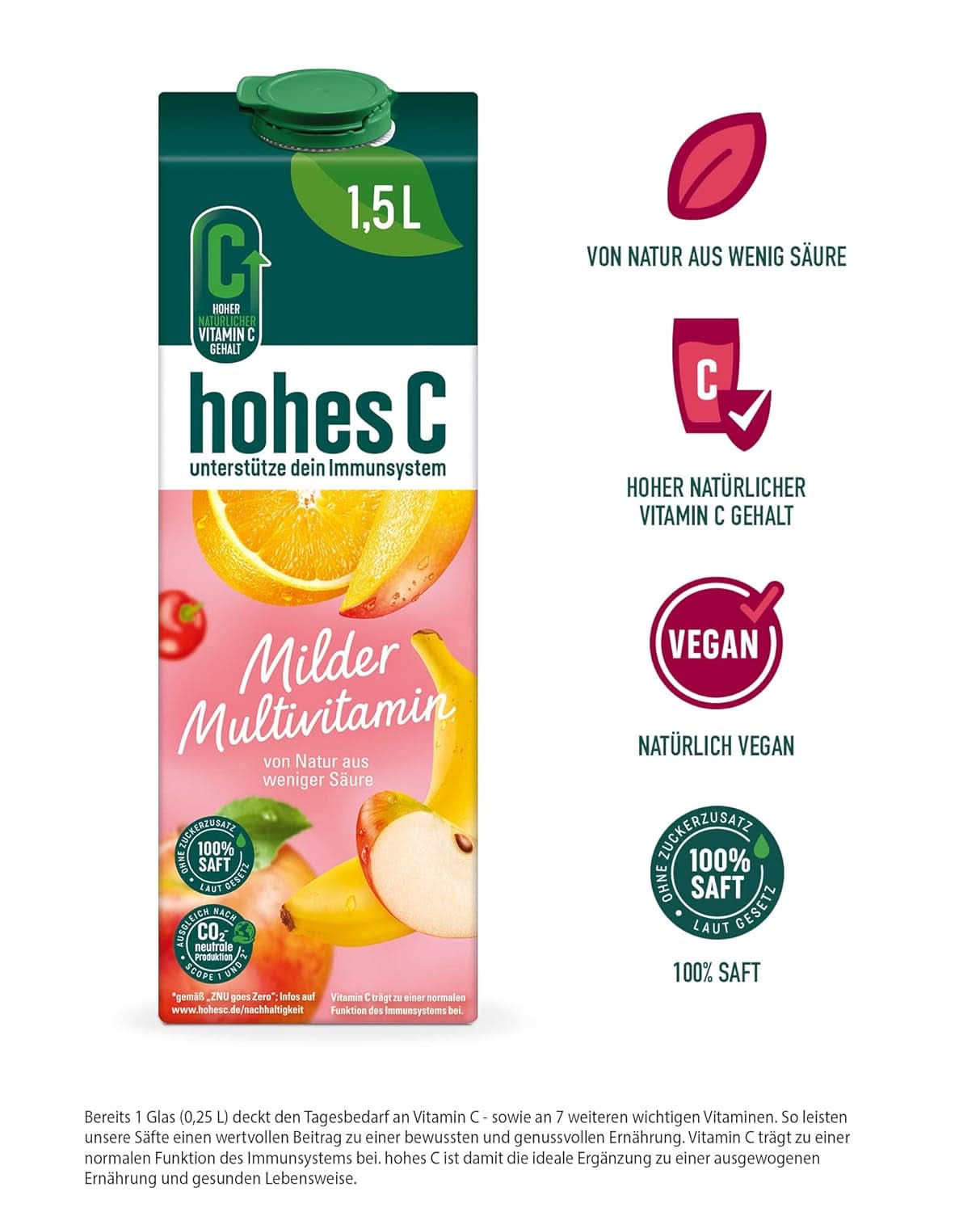 Mildes Multivitamin mit hohem C-Gehalt (1 x 1,5 l), 100 % Saft, Apfel, Orange, Acerola, Mango, 7 Vitamine, laut Gesetz kein zugesetzter Zucker, weniger Säure, vegane alkoholfreie Getränke von Naty Shop