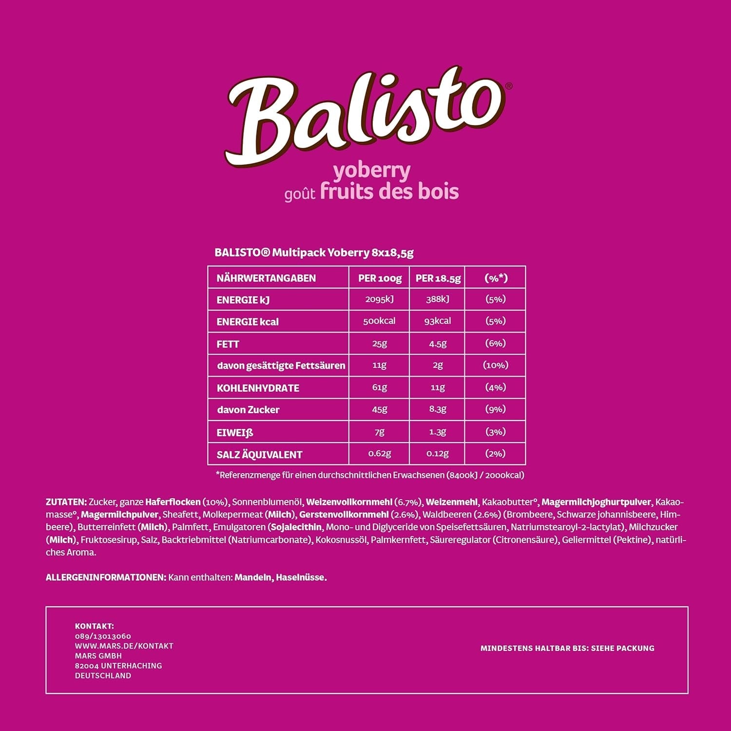 Balisto Chocolate Pack Vrac, Yoberry, Batoane de ciocolată cu cereale și iaurt, 8 x 18,5 g, Ciocolată, Batoane Muesli, Pachet Vrac de ciocolată (148 g)