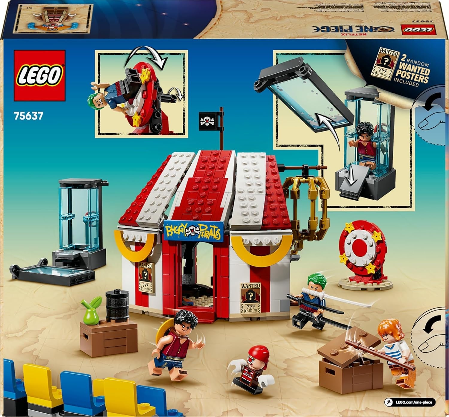 LEGO ONE PIECE Zirkuszelt von Buggy dem Clown - Interaktives Spielzeug mit 4 Minifiguren - Ruffy, Nami & Zoro sowie 2 Steckbriefen - Kreatives Geschenk für Jungen, Mädchen & Fans ab 8 Jahren - 75637