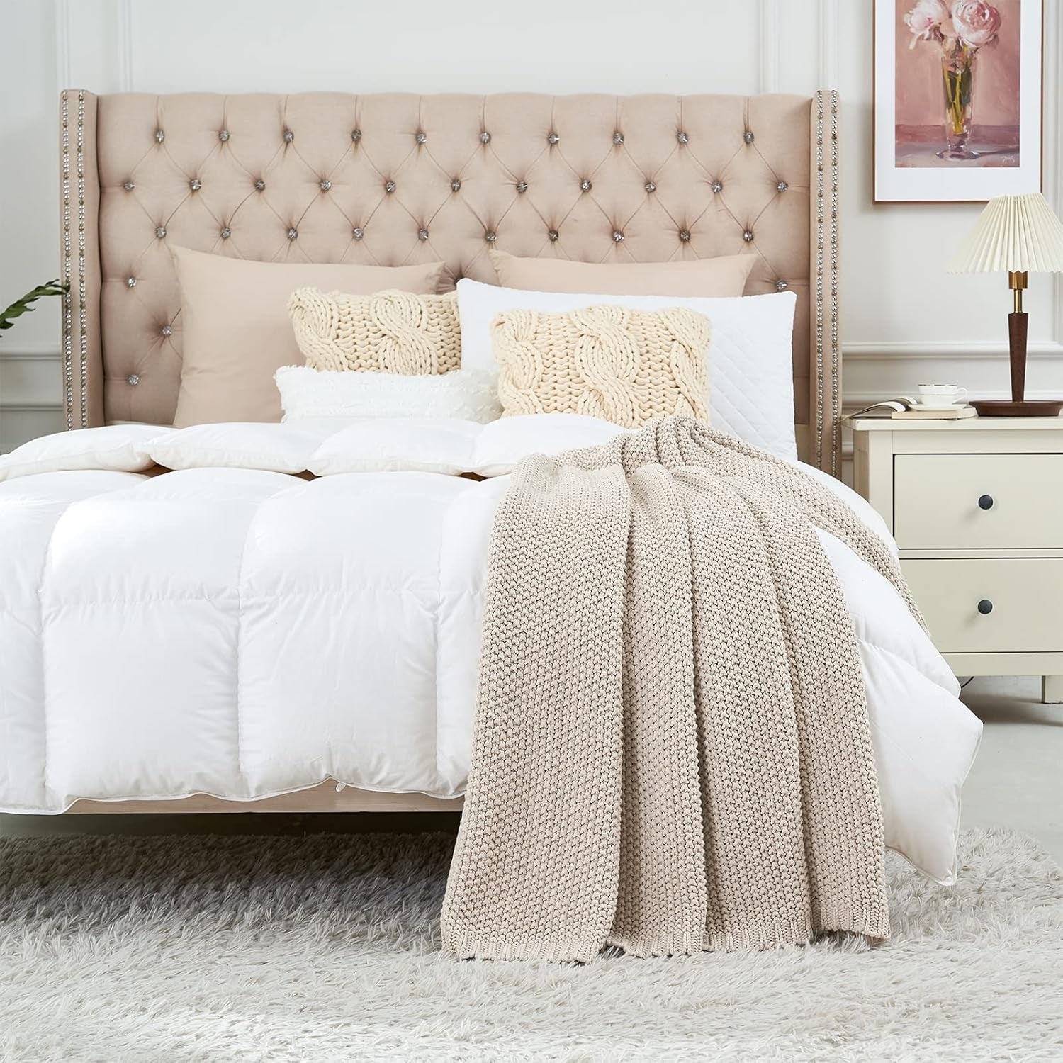 Chunky tricot arunca pătură, Lightweight, Bej, 100% bumbac organic, Pătură pentru canapea, canapea, pat, copil, camera copiilor, Rustic, Shabby chic, Modern farmhouse, 152.4 X 203.2 cm, Inclusiv sac de rufe Paturi si Cuverturi Longhui bedding