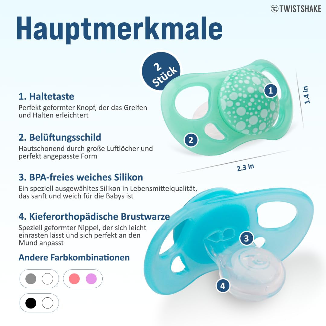 Suzete Twistshake pentru bebeluși – Pachet de 2 | Formă ortodontică | Ultra-ușoare | Tetină din silicon moale | Fără BPA | Potrivite pentru bebeluși de la 6 luni | Albastru Verde