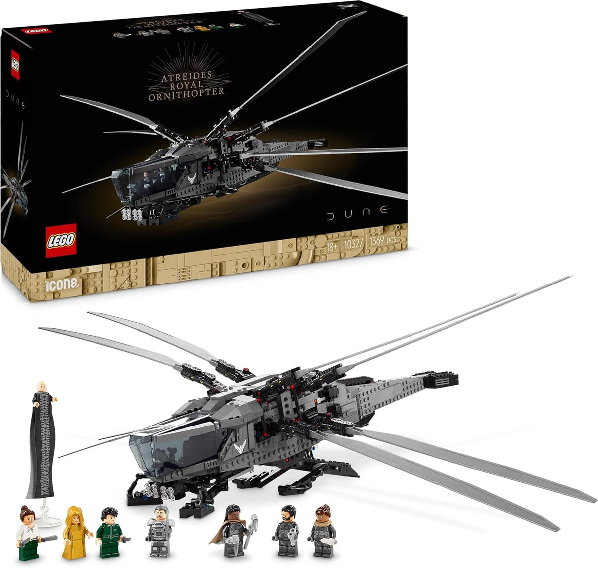 LEGO 10327 Icons Dune Atreides Royal Ornithopter, Set zum Sammeln für Erwachsene, Film-Geschenk für Männer, Frauen und Fans, Modell-Flugzeug mit 8 Figuren, darunter Paul Atreides und Baron Harkonnen