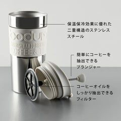 Cafetieră Bodum K11067-01 Travel Press din oțel inoxidabil, neagră, cu capac de schimb, 350 ml