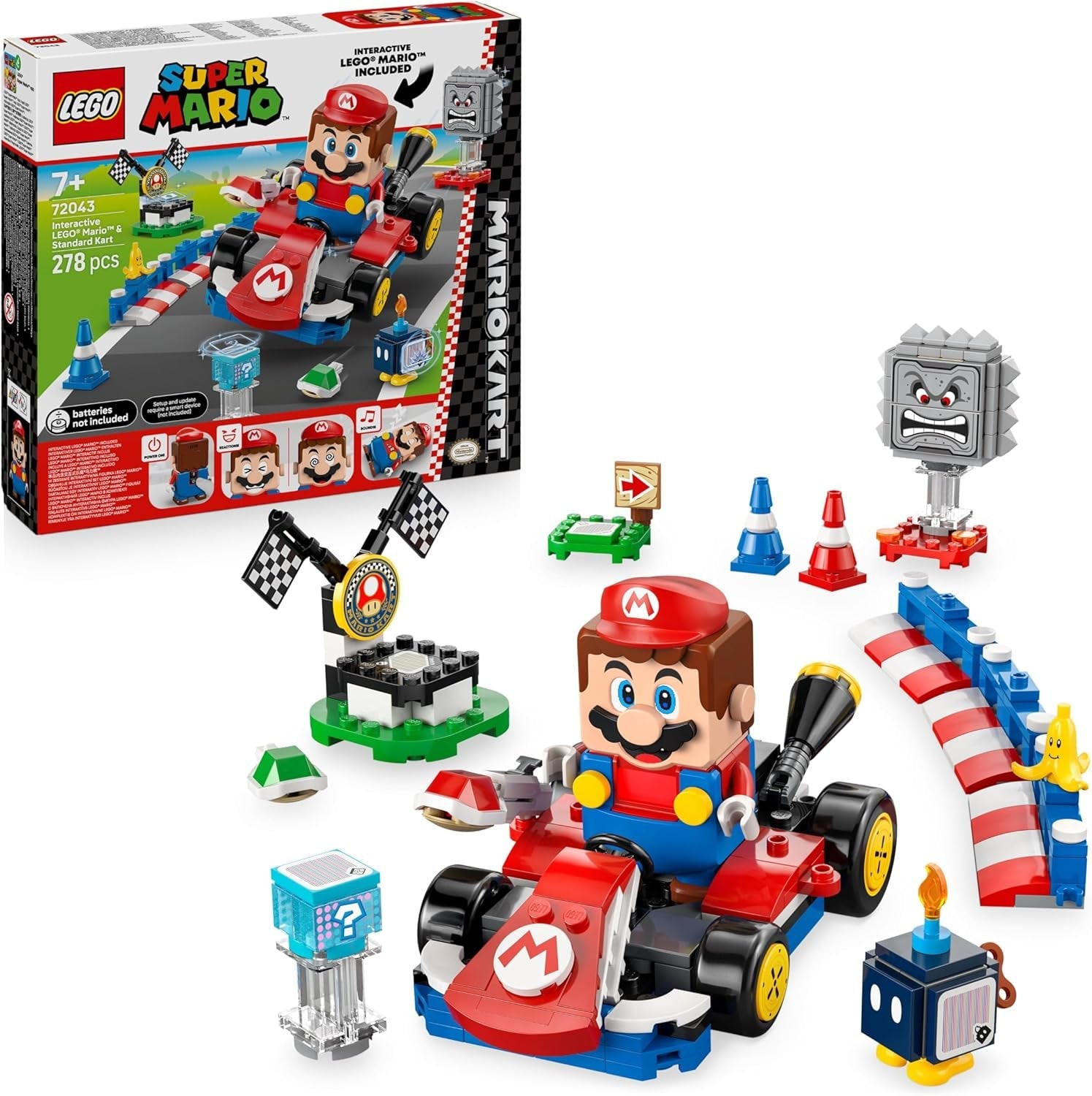 LEGO Mario Kart - Interaktiver Mario & Standard-Kart - Nintendo Spielzeug - Spiel Rennstrecke mit Auto, 3 Figuren, Podium & Barrieren - Gamer Geschenk für Jungen & Mädchen ab 7 Jahren - 72043