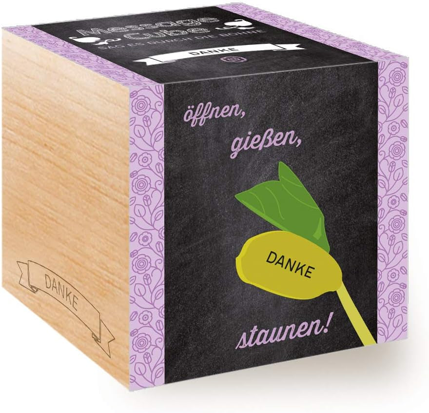 Feel Green Message Cube, Holzwürfel Mit Lasergravierter Glücksbohne"Danke", Nachhaltige Geschenkidee, 100% Eco Friendly, Anzuchtset, Made in Austria