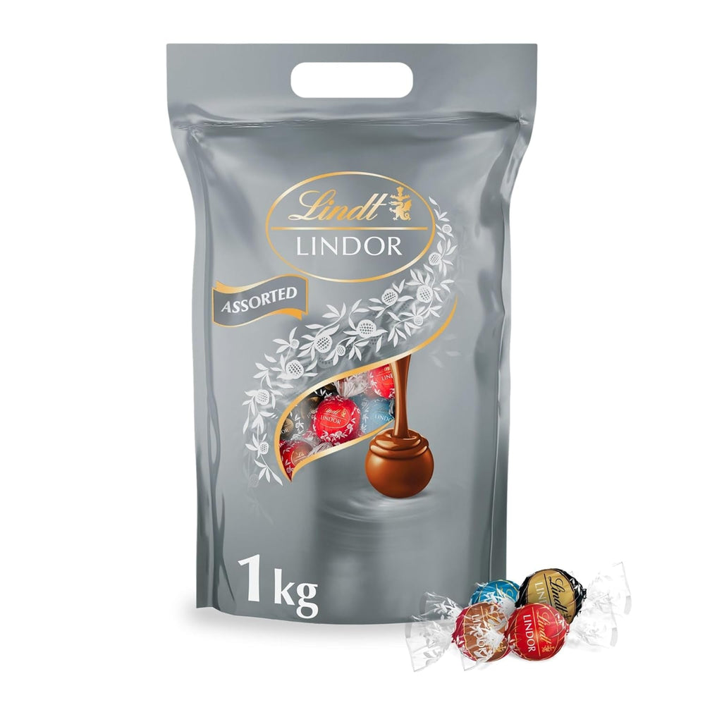 Lindt Chocolate | Pungă asortată LINDOR argintie | Pungă de 1 kg | 80 de bile de ciocolată care se topesc în gură în lapte, 70%, arome de caramel sărat și ciocolată dublă | Cadou de ciocolată de împărțit