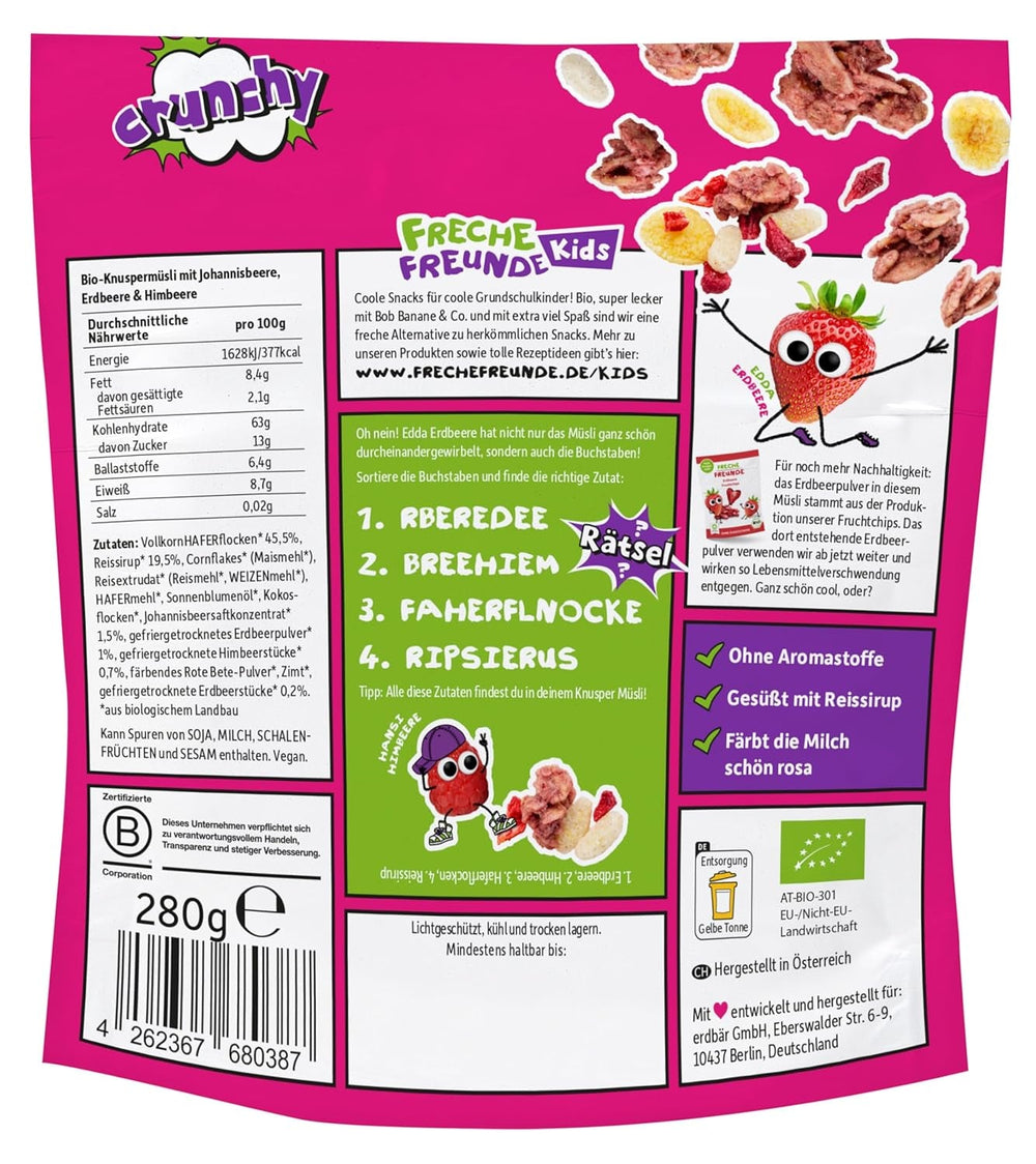 FRECHE FREUNDE Muesli organic pentru micul dejun, mix crocant de muesli cu fructe de pădure Edda's, pentru școlari, cu căpșuni liofilizate, vegan, pachet de 6 (6 x 280g)