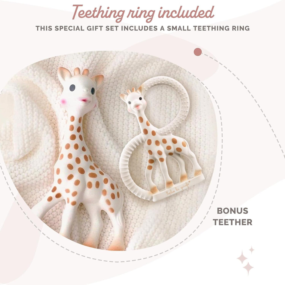 Girafa Sophie – Cutie cadou pentru bebeluși + Inel de dentiție – 100% cauciuc natural – Set de activități pentru copii – Jucărie pentru învățare timpurie