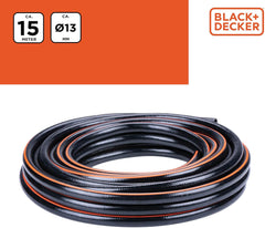 Furtun de grădină BLACK+DECKER 15 metri - Ø13MM - PVC durabil - Udarea grădinii, spălarea mașinii, umplerea piscinei - Compatibil cu orice robinet standard - Negru/Portocaliu