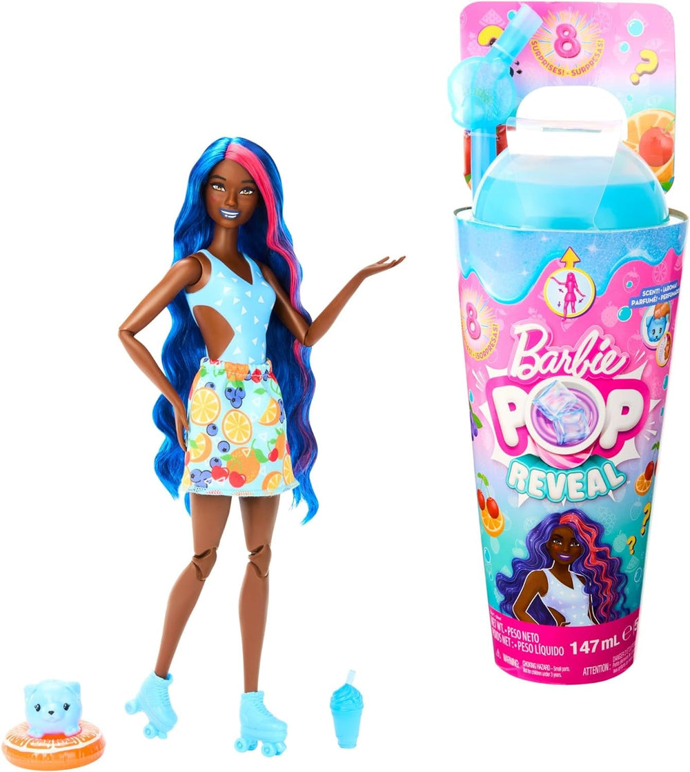 Barbie Pop Reveal Fruit - Überraschungspuppen mit 8 fruchtigen Überraschungen, inklusive beweglicher Puppe mit Erdbeerlimonadenduft und Squishy-Hündchen, ab 3 Jahren, HNW41