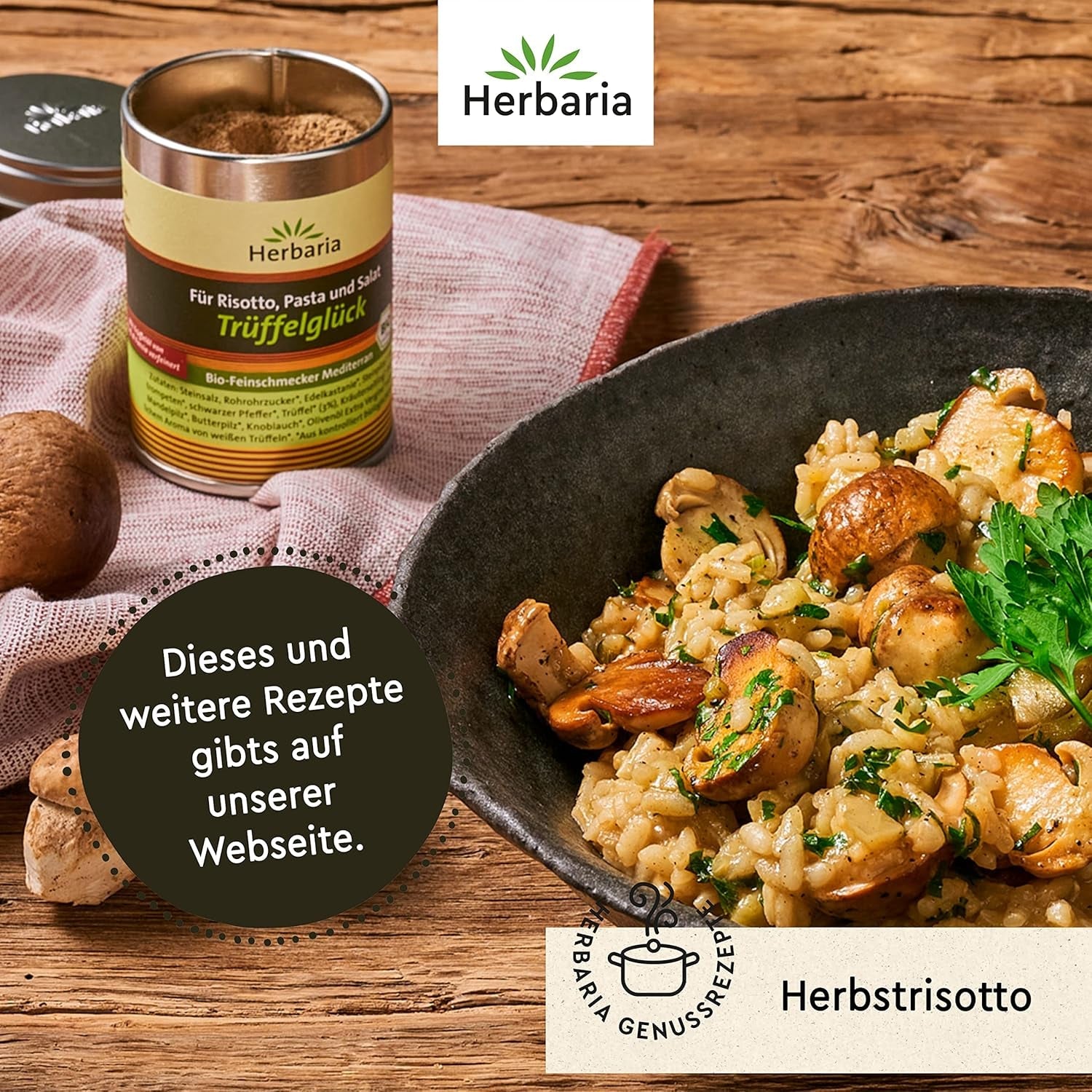 Herbaria Trüffelglück bio 110g M-Dose - fertiges Bio-Pilz- & Trüffelgewürz für intensiv-köstliche Gerichte - mit erlesenen Zutaten - in nachhaltiger Aromaschutz-Dose