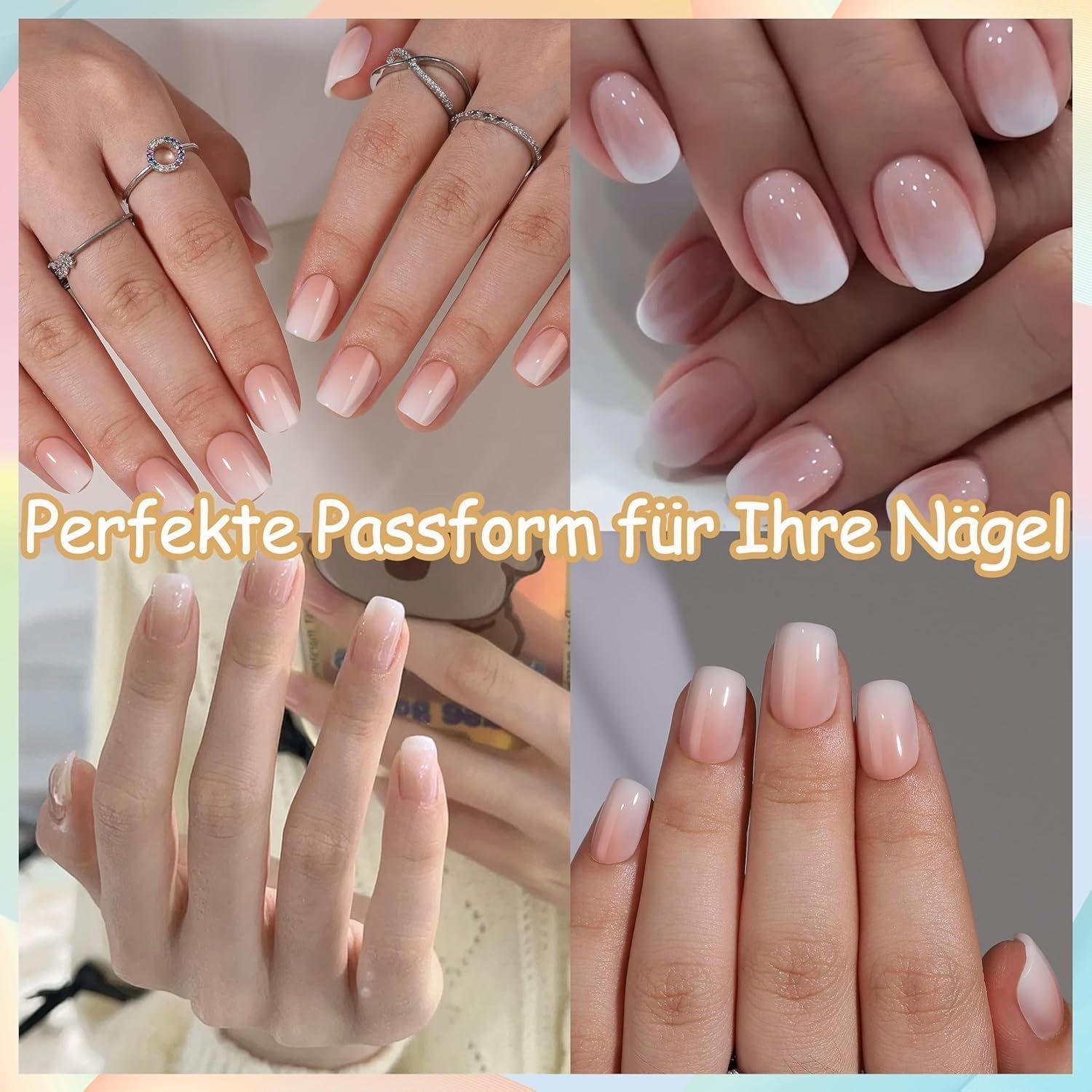Set unghii false - 240 bucăți unghii scurte și pătrate, model gel moale, gradient alb nud, unghii false artificiale naturale pentru lipire, pentru femei DIY (gradient nud, 240X)