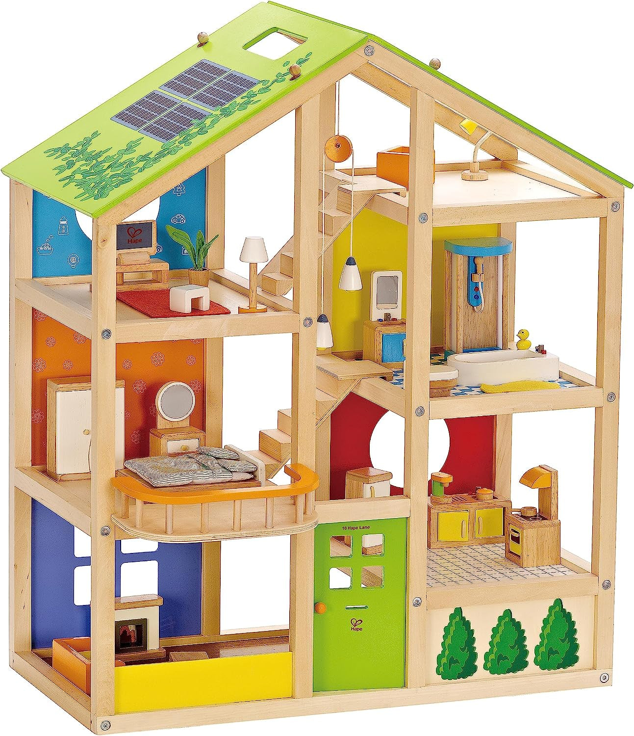 Hape Four Seasons Wooden Doll's House Preisgekröntes dreistöckiges Puppenhaus mit Möbeln, Zubehör, beweglicher Treppe und umkehrbarem Dach für jede Jahreszeit Puppenhäuser Naty Shop Four Seasons House (möbliert)