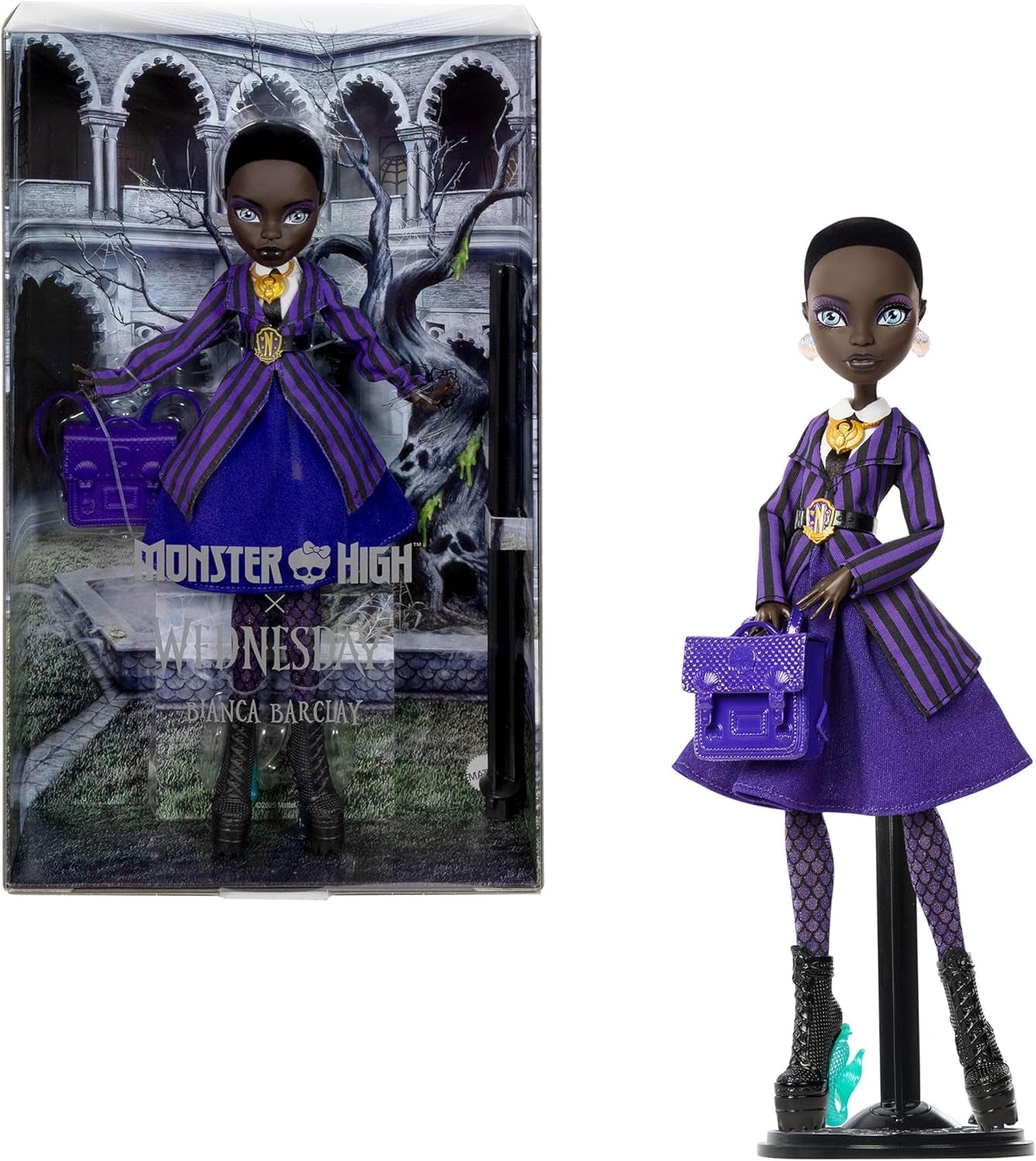 Monster High x Wednesday-Puppe mit Zubehör, Bianca Barclay-Sammelfigur in der Uniform der Nevermore Academy mit Sirenen-Amulett, Rucksack und Puppenständer, JDR71