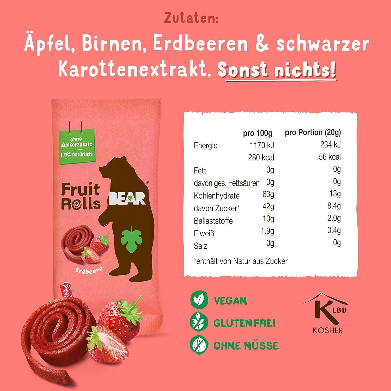 BEAR Fruchtbrötchen mit Erdbeeren, 100 % natürliche Zutaten, 30 x 20 Gramm Dehydrierte Produkte Naty Shop
