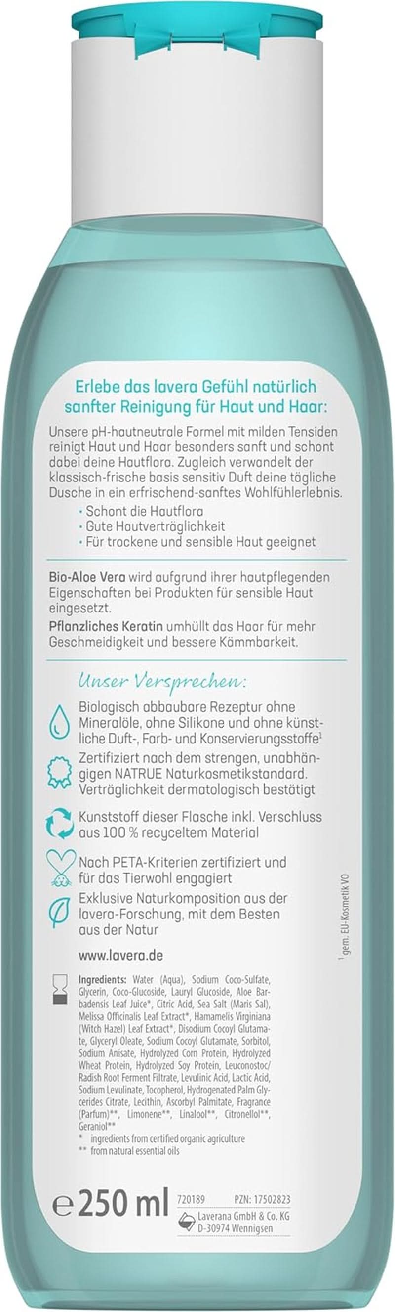 Lavera Pflege Basis Sensitiv 2 in 1, Shampoo und Duschgel mit Bio-Aloe Vera und pflanzlichem Keratin, 250 ml Dusche und Bad Naty Shop