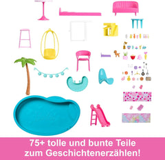 Barbie Dream Villa, 3-stöckiges Barbie-Haus mit 10 Spielbereichen, einschließlich Pool, Rutsche, Aufzug, 75 Puppenzubehör, Spielzeugwelpe, Spielzeug für Kinder ab 3 Jahren, HMX10 Naty Shop Puppenhäuser