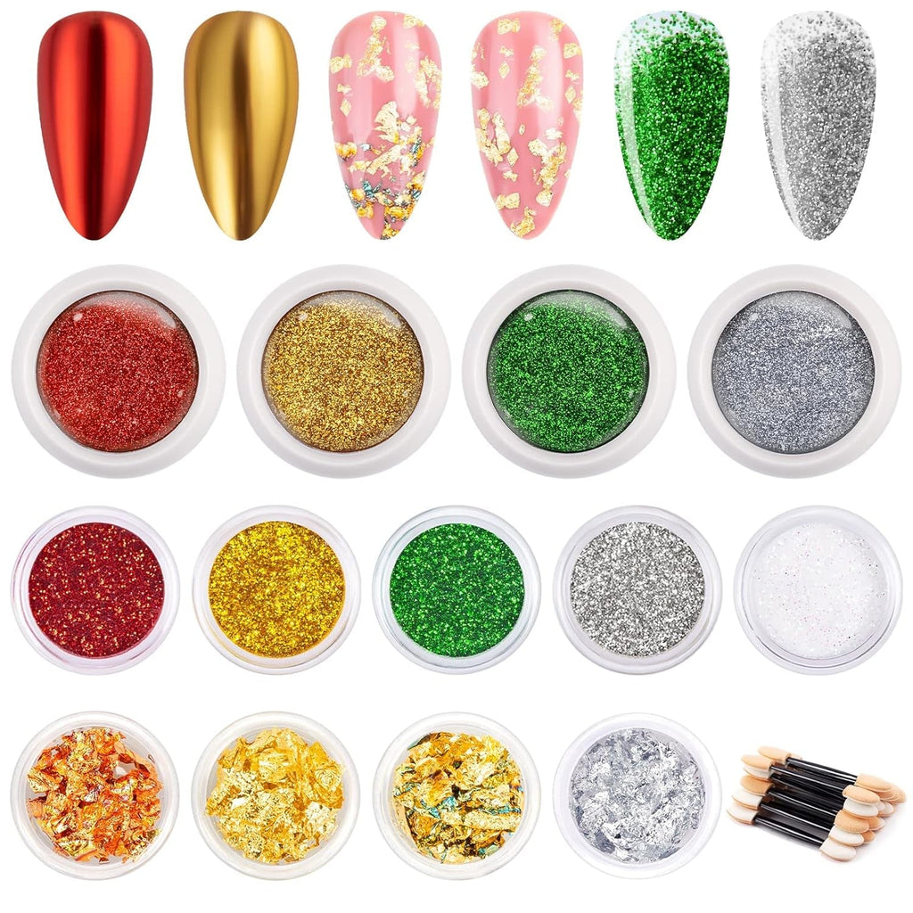 24 Farben Glitzer Set Mit Blattgold Und Glitzerpulver, Nageldesign Zubehör Pailletten Basteln Nail Art Glitter Mit Pinsel Für Nägel Gesicht Körper DIY Nagelkunst Make Up