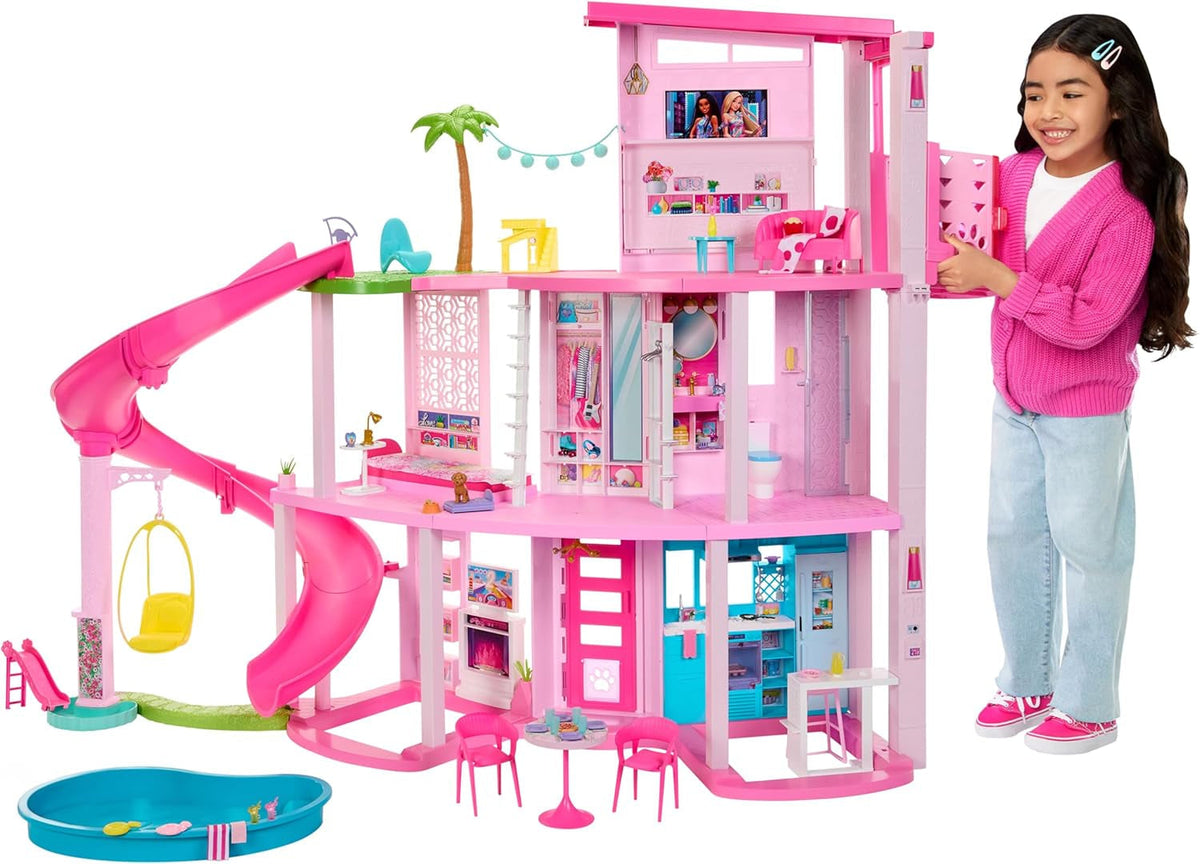 Barbie Dream Villa, 3-stöckiges Barbie-Haus mit 10 Spielbereichen inklusive Pool, Rutsche, Aufzug, 75 Puppenzubehör, Spielzeugwelpe, Spielzeug für Kinder ab 3 Jahren, HMX10 Puppenhäuser Naty Shop Puppenhaus Dream Villa Poolparty-Puppenhaus